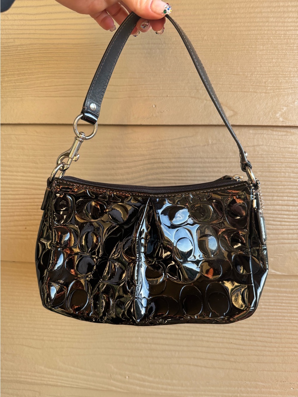 Vintage Coach Black Patent Leather Signature C Shoulder Bag Y2K